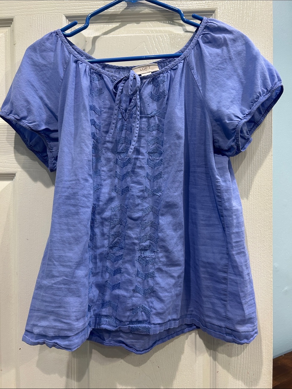 LOFT Periwinkle Embroidered Tie-Neck Peasant Top